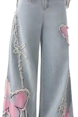 Baggy Ripped Jeans for Women – Wide Leg Butterfly Print & Star Patch Distressed Denim Pants High Waist Streetwear
