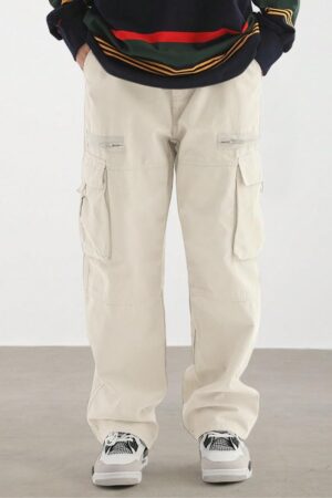 men Wild Cargo Pants Loose Fit Pants Drawstring Casual Hiking Pants Pocket Zipper Design Straight Trousers