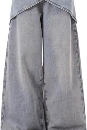 Fashion Casual Straight High Waisted Baggy Jeans  Gradual Waist Skirted Patchwork Wide Leg Denim Pants