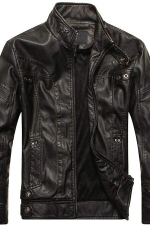Men's Faux Leather Jacket Vintage Stand Collar Motorcycle PU Leather Outwear Coat