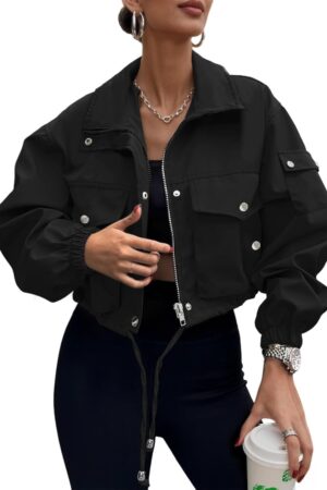 Womens Cropped Bomber Jacket  Trendy Zip Up Lightweight Utility Anorak Coat With Pockets
