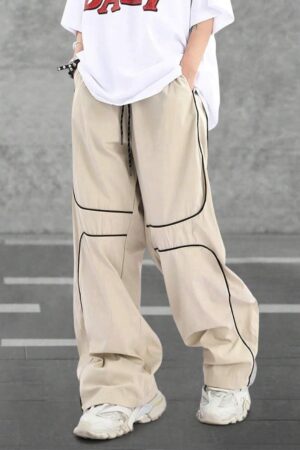 men Baggy Pants Contrast Piping Drawstring Sweatpants Fashion Unisex Oversized Cargo Pants for Men with Pockets