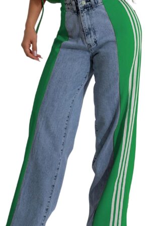 Women Jeans High Waisted Wide Leg Striped Patchwork Color Block Stretchy Loose Straight Denim Pants