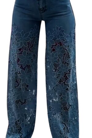 Women Lace Patchwork Jeans High Waisted Straight Wide Leg Hollow Out Baggy Stetch Denim Pants with Pockets