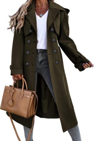 Women Double Breasted Long Trench Coat Windproof Classic Lapel Belted Overcoat with Pockets