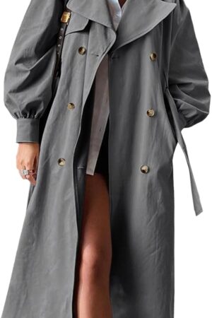 WomenLong Trench Coat Fall Fashion Double Breasted Lapel Overcoat Outerwear with Belt