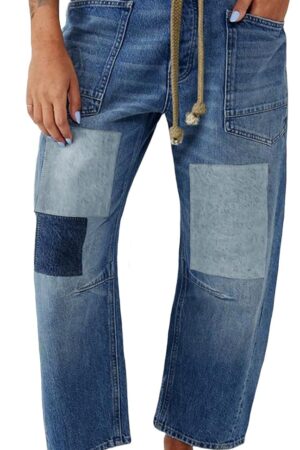 Women Baggy Barrel Horseshoe Jeans Wide Leg Patchwork Low Rise Denim Pants with Pockets