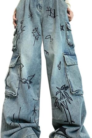 Fashion Straight High Waisted Wide Leg Jeans Casual Gradual Graffiti Patchwork Baggy Denim Pants
