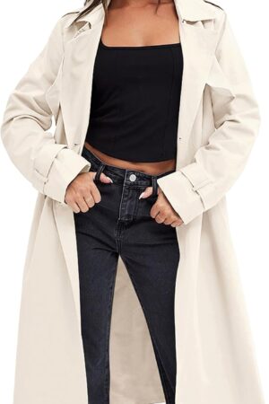Women Double Breasted Trench Coats Cal Windproof Long Lapel Pocketed Overcoat with Belt