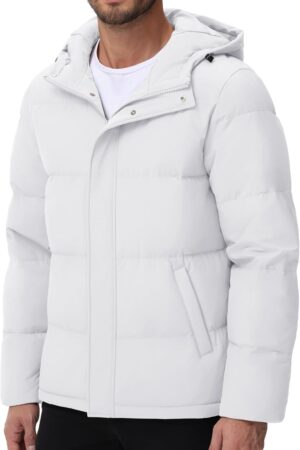 Men's Puffer Jacket Hooded Down Jacket Water-Resistant Windproof Full Zip Up Winter Warm Thicken Coat with Hood