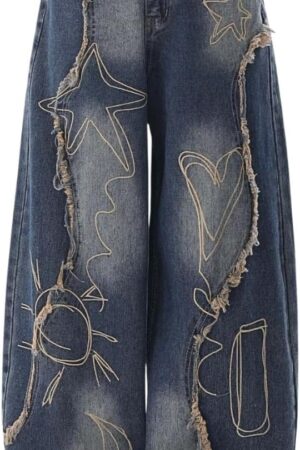 Baggy Jeans for Women Girls Star Wide Leg Barrel Jeans Embroidered Patchwork Cute Denim Pants Trendy Clothes