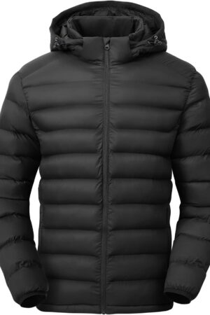 Men's Lightweight Puffer Jackets Detachable Hood Water-Resistant Casual Winter Coat Hooded Insulated for Travel Ski