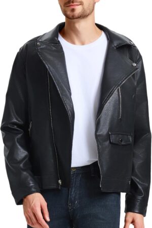 Men's Leather Jackets, Faux Bomber Jacket for Men Motorcycle Lapel Asymmetric Zip-Up Slim Fit Biker Coat