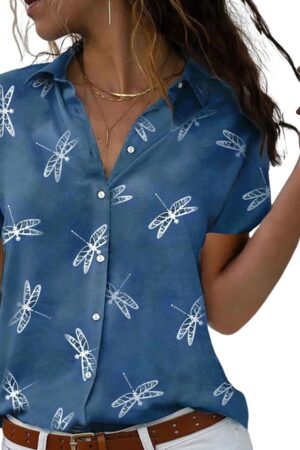 Women Button Down Shirts Short Sleeve Summer Linen V Neck Collared Hawaiian Floral Print Cat Casual Blouse Tops