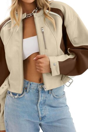 Womens Faux Leather Bomber Jackets Cropped Zip Up Color Block Fall Casual Moto Biker Coats