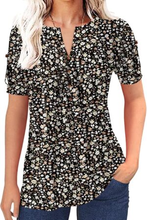 Women Zipper Summer Pleated Button Short Sleeve T-Shirt Summer V-Neck Solid Color Casual top