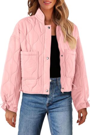 Women Cropped Zip-Up Bomber Jackets Warm Quilted Long Sleeve Stand Neck Winter Coats