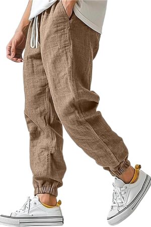 Cotton Linen Pants for Men Elastic Waist and Ankle Drawstring Baggy Style Lightweight Breathable Beach Pants