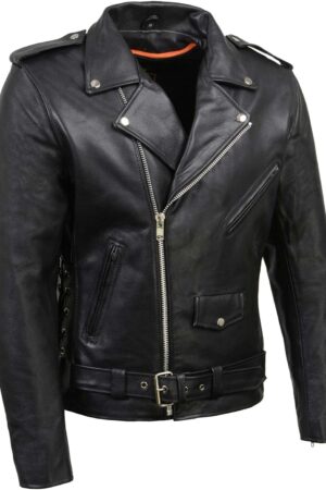 Leather  Men's Classic  Premium Leather Black Motorcycle Riders Leather Jacket w/Side Laces
