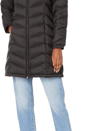 Women Mid-Length Puffer Hooded Down Jacket with Drawstring Packing Bag