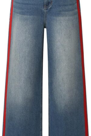 Women High Waisted Wide Leg Jeans - Patchwork Stripes Color Block Denim Pants Casual Baggy Streetwear