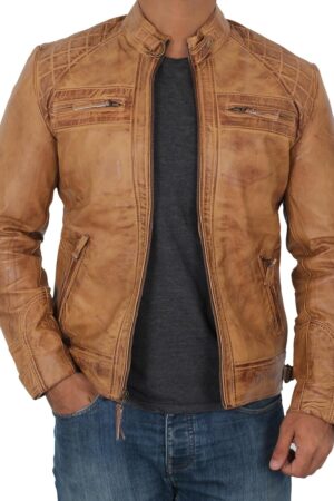 Real Lambskin Mens Leather Jackets - Quilted  Zip Up Moto Style Leather Jacket Men