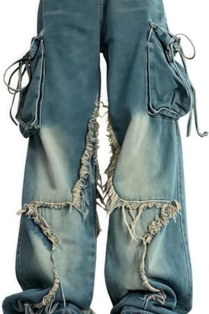 Unisex  Star Patchwork Baggy Jeans – Wide Leg Distressed Denim Pants with Drawstring Waist and Cargo Pockets Streetwear