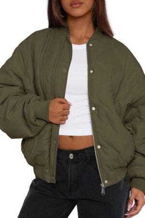 Women's Quilted Bomber Jacket Fall Fashion  Lightweight Cropped Zip up Outerwear Winter Puffer Coats Pockets