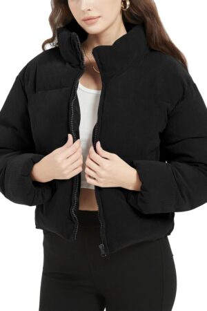 WomenCropped Corduroy Puffer Jacket Winter Jackets Warm Long Sleeve Zip Quilted Down Puffer coat