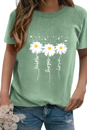 Women Crewneck Daisy Print Short Sleeve T-Shirts Summer Faith-Hope-Love Raglan Sleeve Tees Loose Fit Graphic Tops