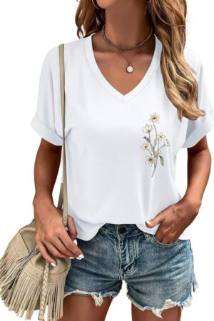 Women Sunflower Print T Shirts V Neck Graphic Short Sleeve Vintage Tees Summer Casaul Loose Fit Tops