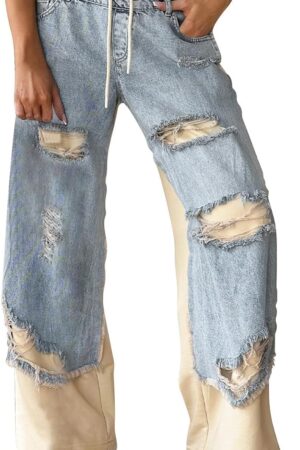 Women Baggy Patchwork Jeans High Waisted Wide Leg Pants Vintage Boyfriend Denim Pants Casual Trousers Streetwear