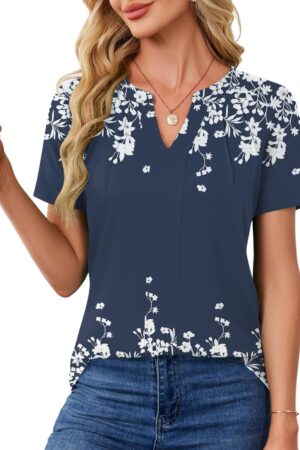 Short Sleeve Blouses for Women V Neck T Shirts Pleated Summer Dressy Casual Tops