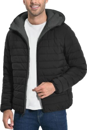 Men's Winter Puffer Jacket Sherpa Lined Hooded Water Resistant Midweight Warm Insulated Quilted Down Coat Parka