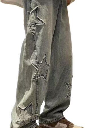 Women Distressed  Jeans Star Patchwork High Waist Streetwear Wide Leg Baggy Graphic Jeans