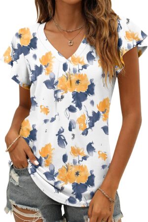 Women Summer Tops Ruffle Sleeve V Neck Tunic Shirts Business Casual Flowy Blouses for Women