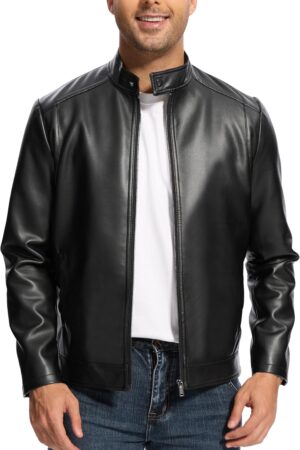 Leather Jacket Men Lightweight Motorcycle Jackets Men's Stand Collar Bomber Coat with Pockets and Zip