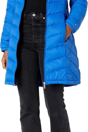 Women Mid-Length Puffer Hooded Down Jacket with Drawstring Packing Bag