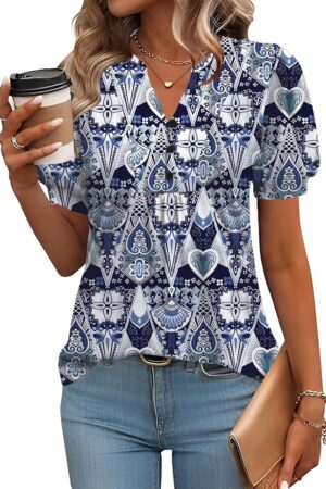 Women Tops Puff Short Sleeve Shirts Dressy Casual Henley V-Neck Summer Tops Pleated T-Shirts Loose Fit Tunic Blouses