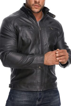 Men’s Stand Collar Leather Jacket Casual Faux Leather Motorcycle Jacket Outerwear Coat with Zipper Pockets