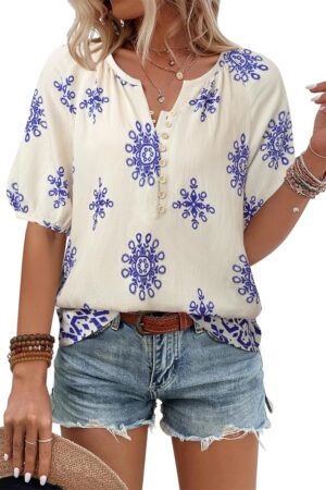 Women Summer Tops V Neck Short Sleeve Blouses Casual Button Down Shirts Floral Boho Clothing Trendy