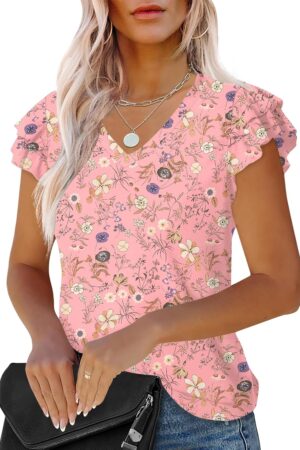 Women Ruffle Short Sleeve Tunic Tops V Neck Knit Ribbed T Shirts Blouses