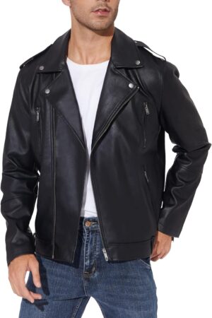 Faux Leather Jacket Men - Black Bomber Jackets Motorcycle Stand Collar Lightweight Zip-Up Slim Fit Biker Coat