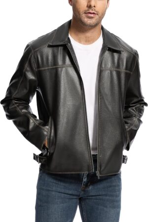 Leather Jacket Men Faux Lightweight Bomber Jackets Mens Motorcycle Vintage Lapel Coats with Zipper and Pockets