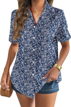 Women Linen Button Down Shirt Rolled Cuffed Short Sleeve Blouse Ladies Summer Casual V Neck Beach Cotton Tops