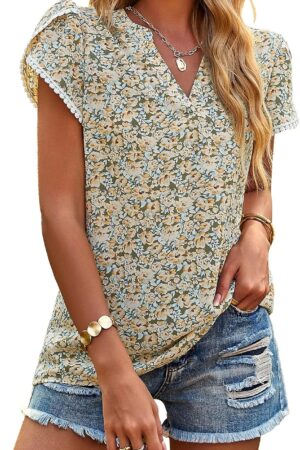 Women Shirts Summer Casual Crewneck Lace Crochet Short Sleeve Blouses Cute Floral Print Loose Tunic Tops