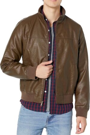 mens Men's Smooth Lamb Touch Faux Leather Unfilled Windbreaker Bomber Jacket